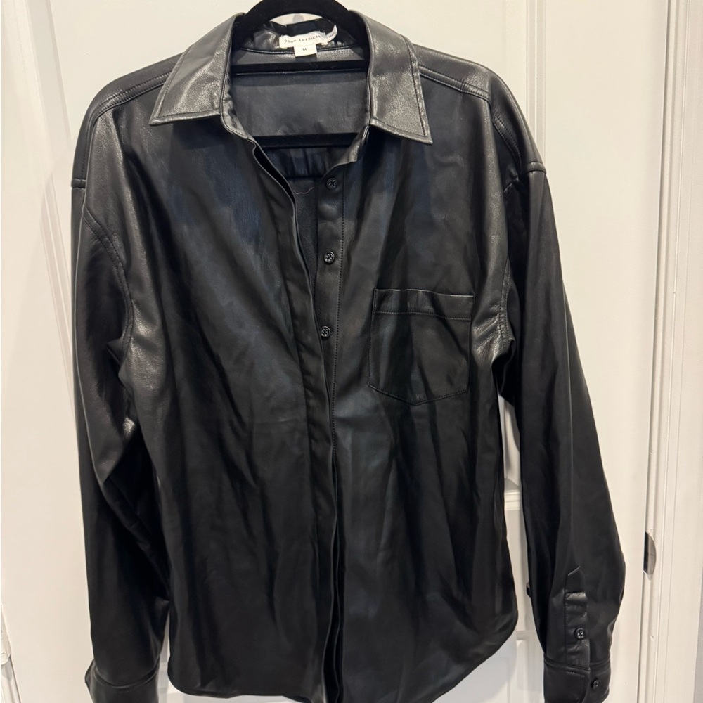 Good American Black Leather Shirt Jacket